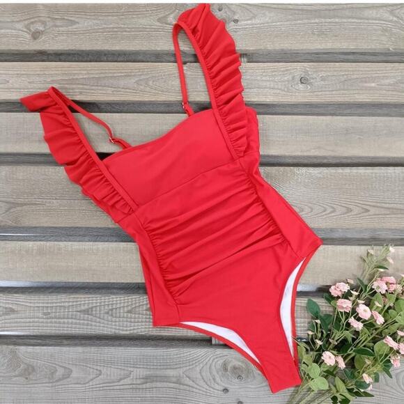 Red One Piece Swimsuit With Ruffles- Size Medium - Picture 4 of 6